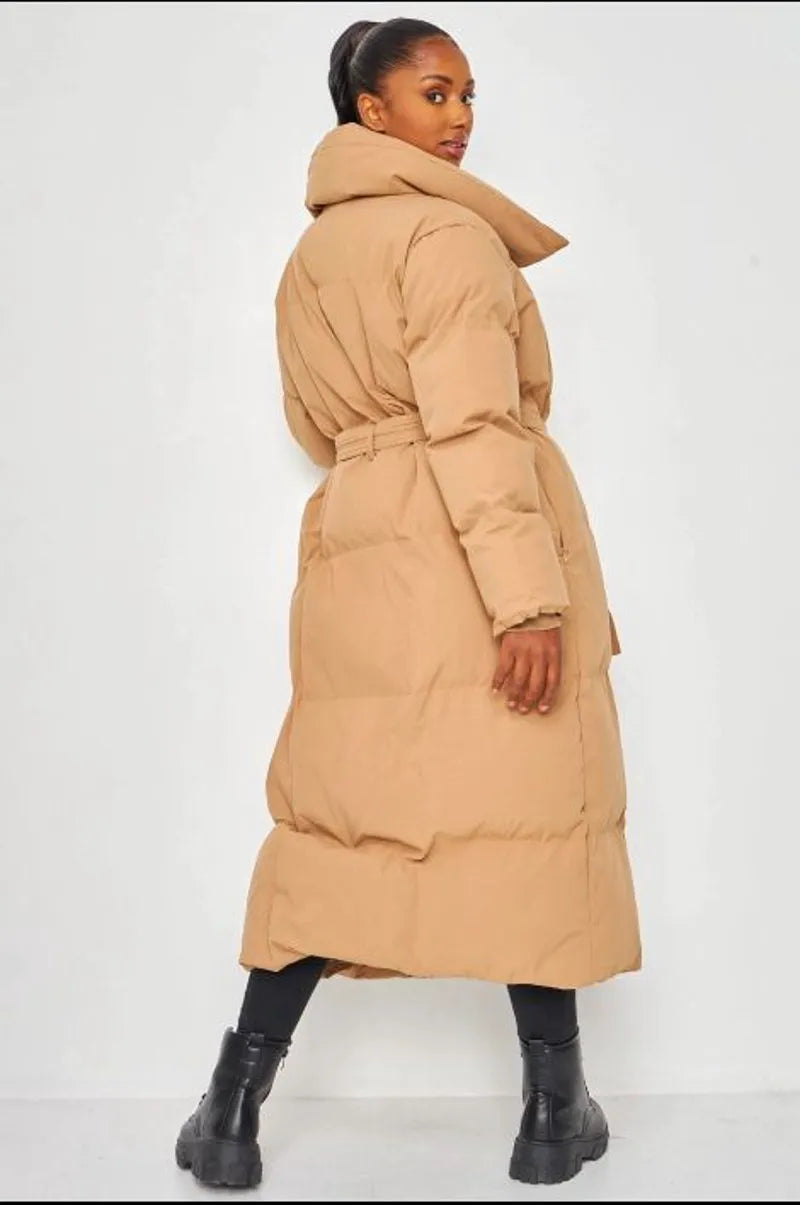 Quilted camel long-sleeve puffer jacket