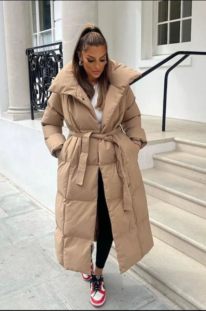 Quilted camel long-sleeve puffer jacket