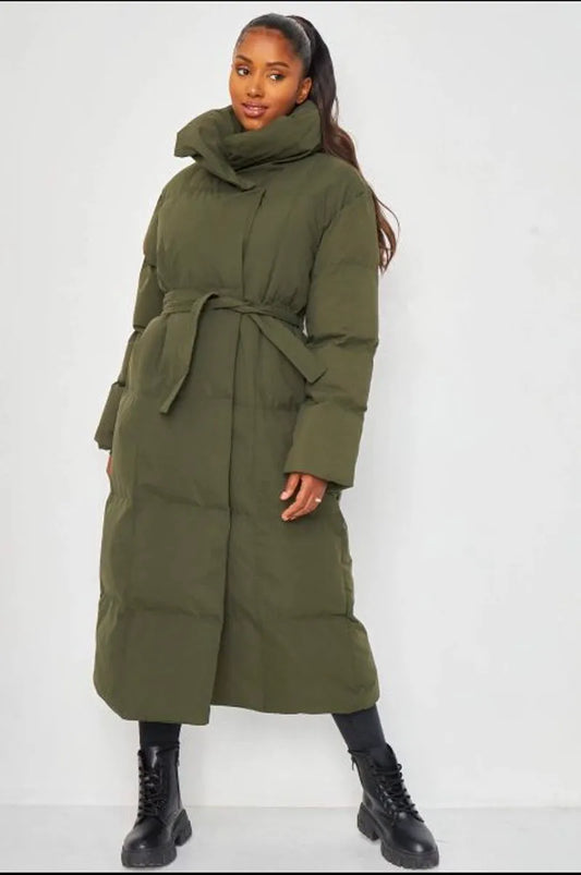 Quilted long-sleeve khaki down jacket