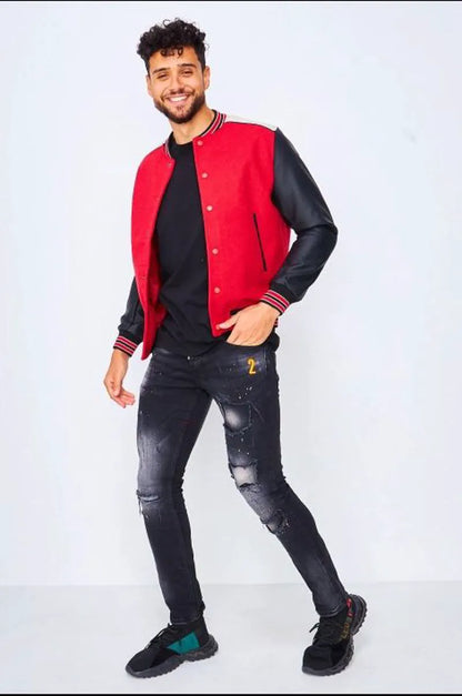 Red/black bomber jacket with faux leather sleeves