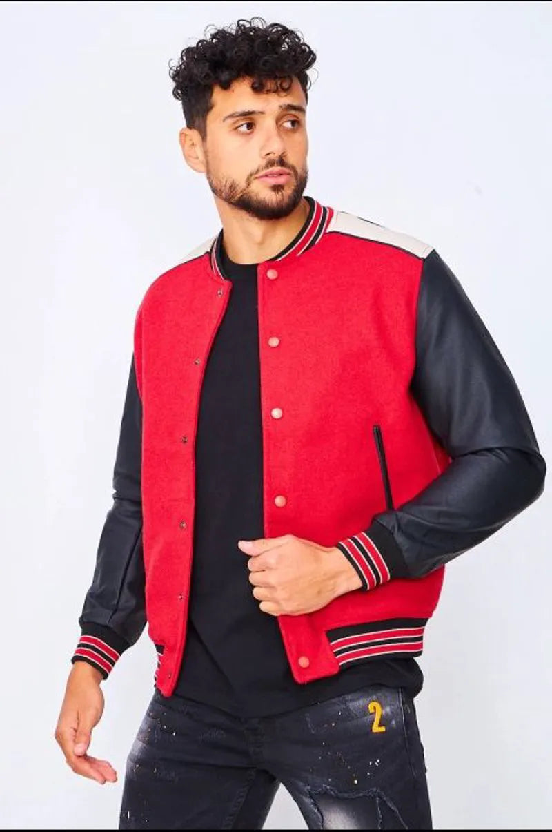 Red/black bomber jacket with faux leather sleeves
