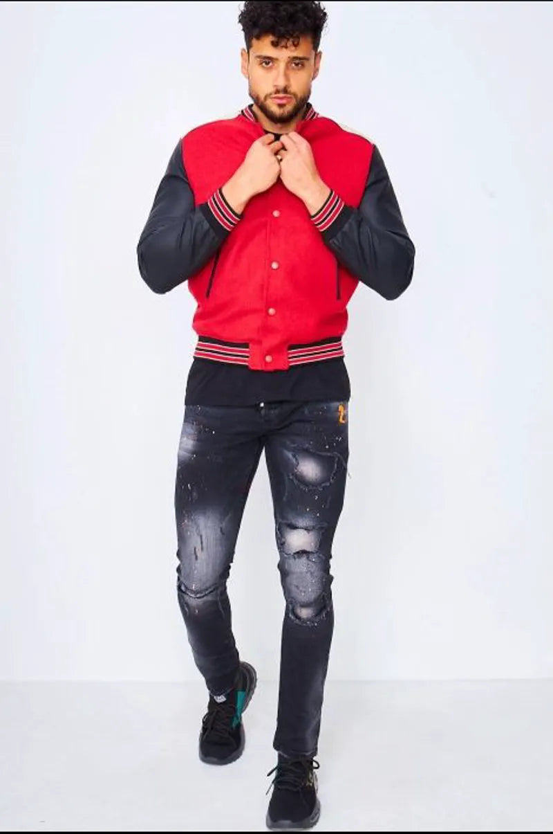 Red/black bomber jacket with faux leather sleeves