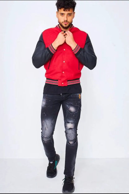 Red/black bomber jacket with faux leather sleeves