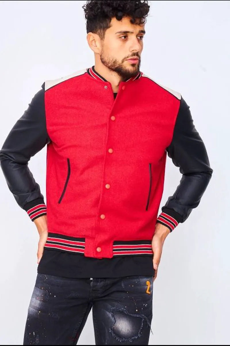 Red/black bomber jacket with faux leather sleeves