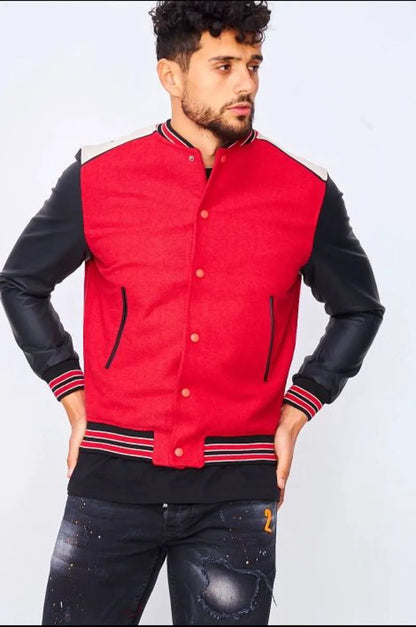 Red/black bomber jacket with faux leather sleeves