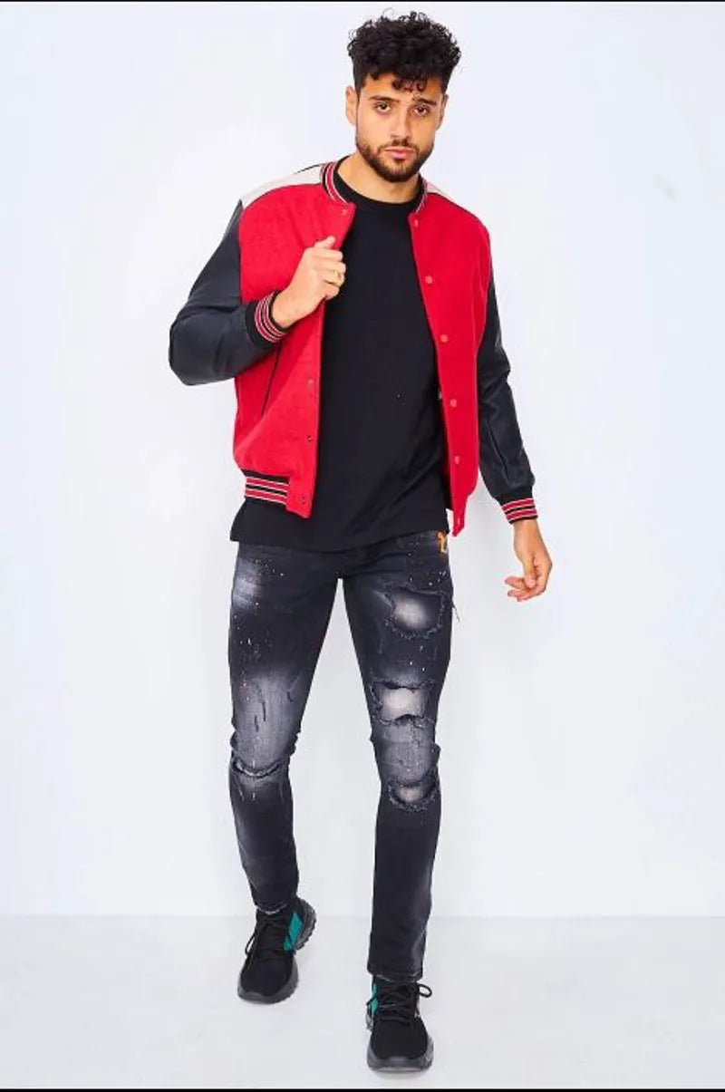 Red/black bomber jacket with faux leather sleeves