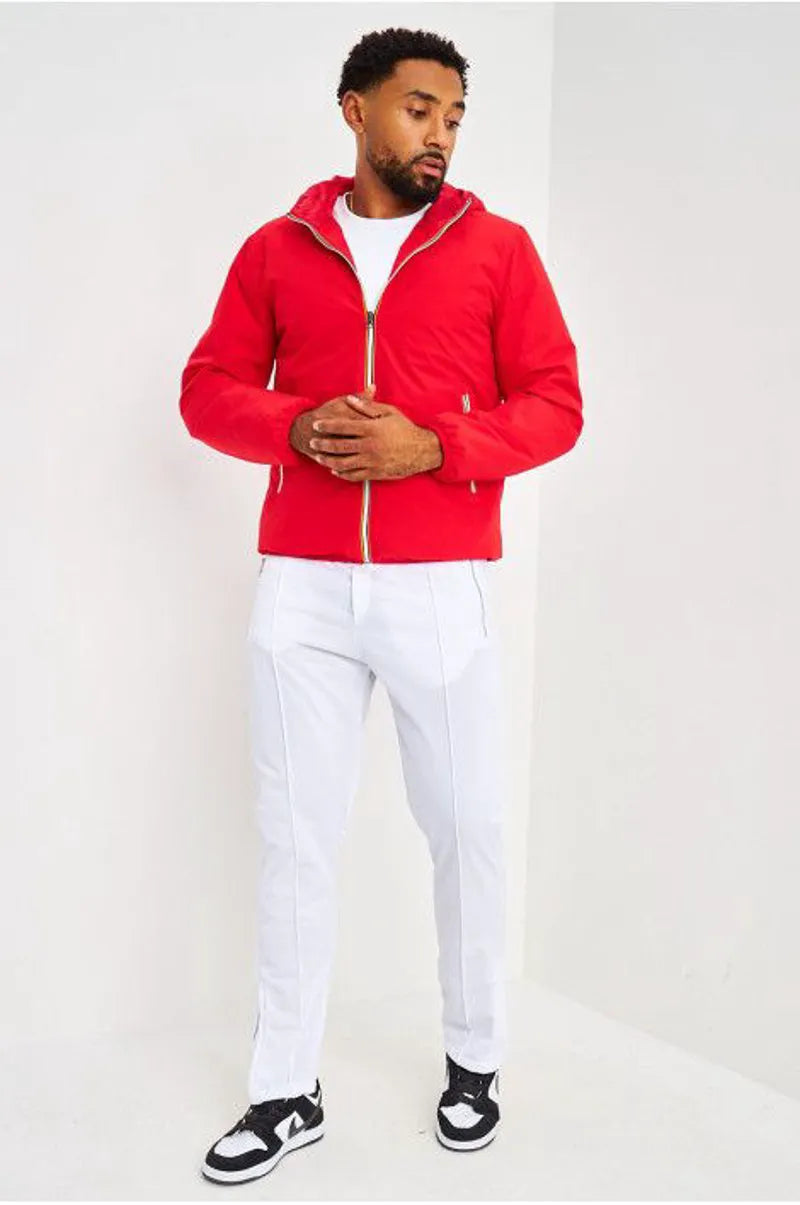 Red hooded jacket