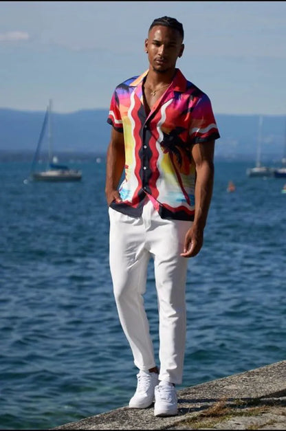Red shirt with colorful palm tree pattern