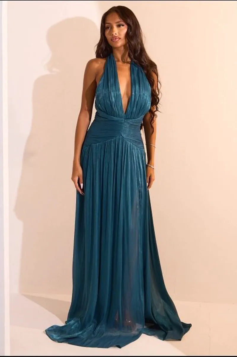 Robe bleu canard satinée à effet drapé