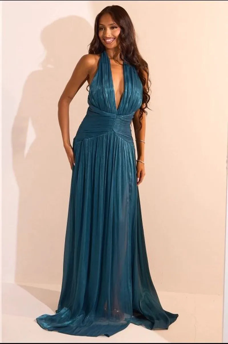 Robe bleu canard satinée à effet drapé