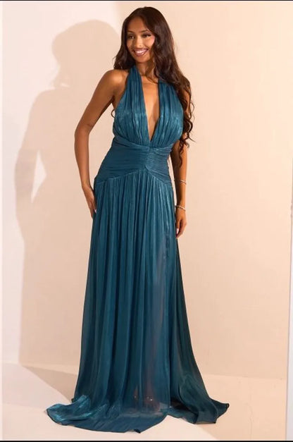 Robe bleu canard satinée à effet drapé