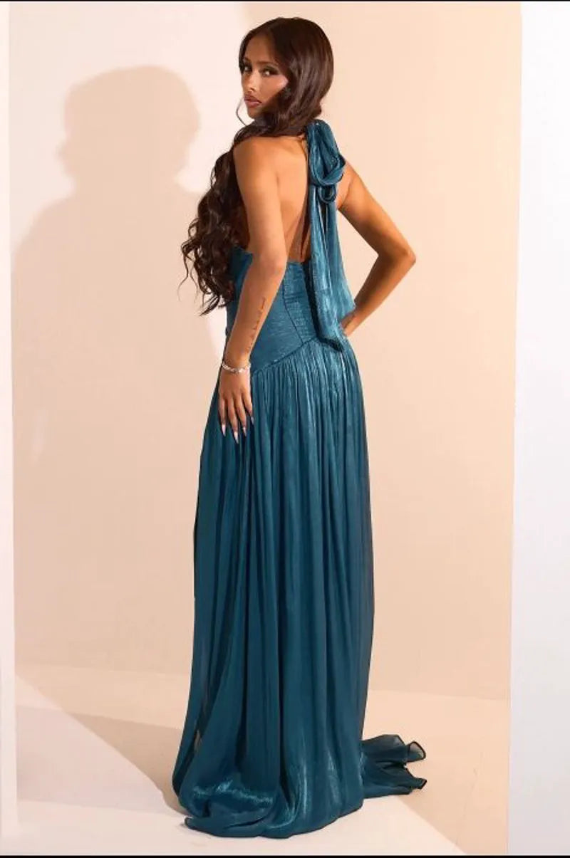 Robe bleu canard satinée à effet drapé