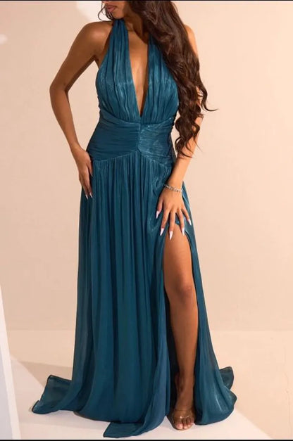 Robe bleu canard satinée à effet drapé
