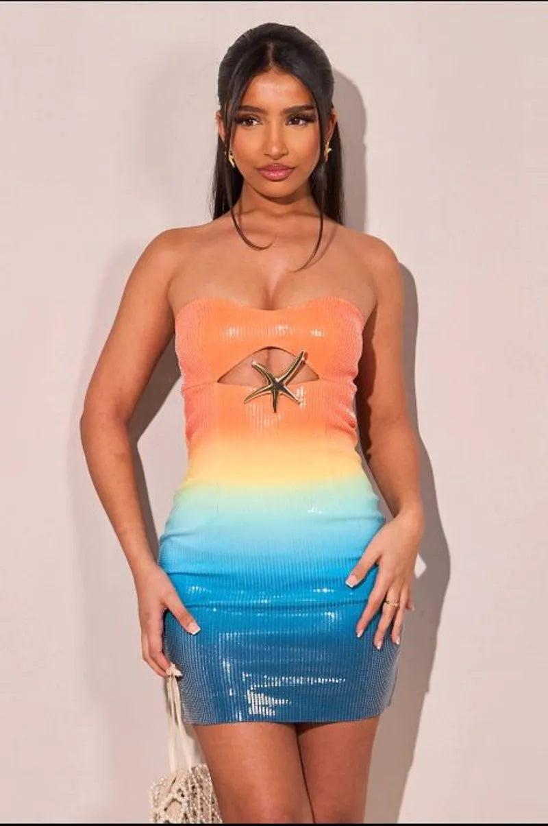 Short sequined bustier dress with orange brooch