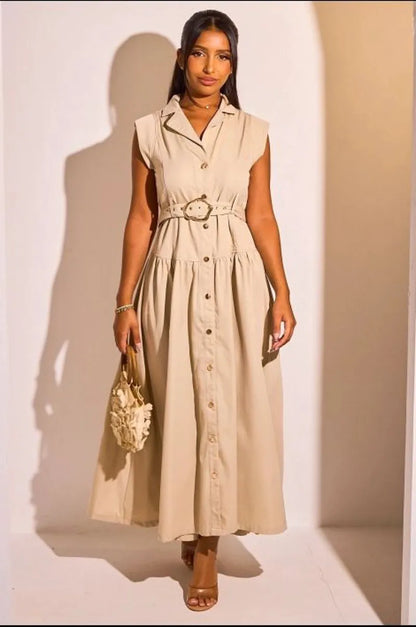 Robe chemise ceinturée beige