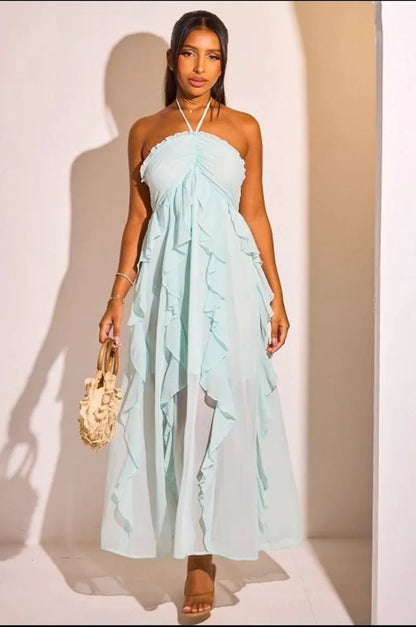 Robe dos nu à volants de couleur vert d'eau