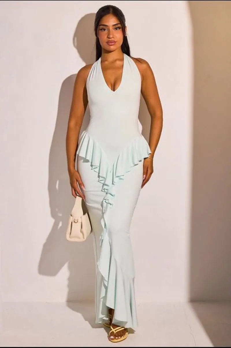 Robe dos nu cintrée à volants  de couleur turquoise