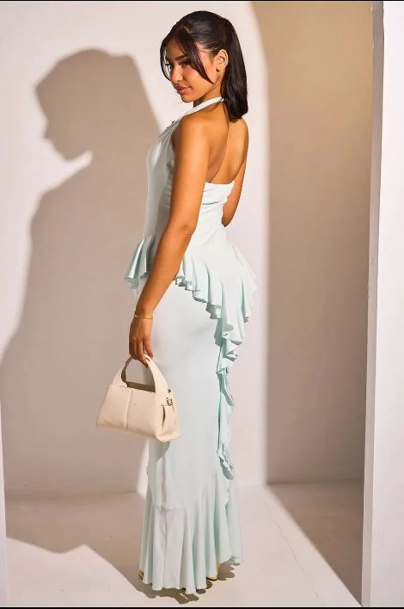 Robe dos nu cintrée à volants  de couleur turquoise