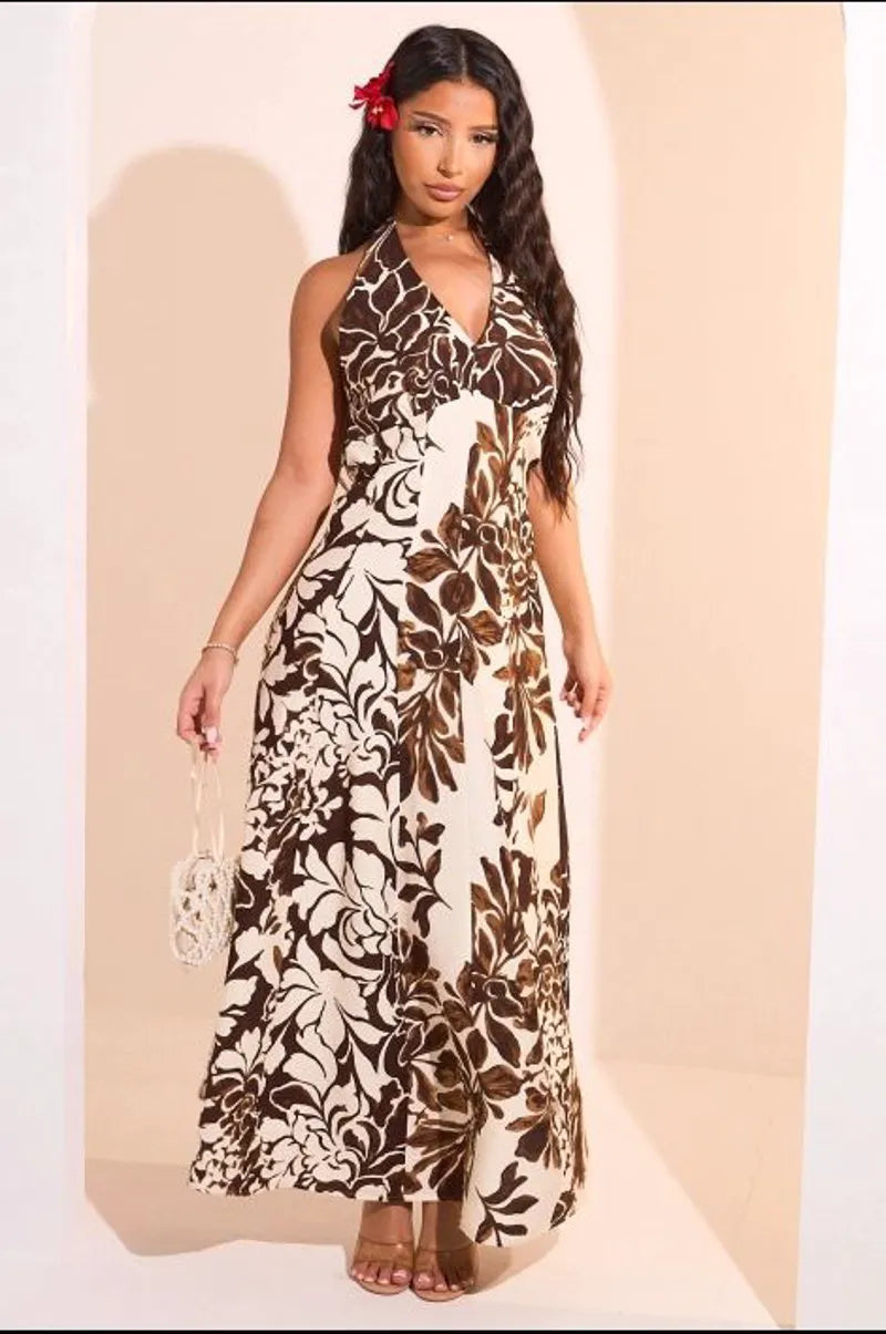Robe dos nu marron à motifs floraux beige