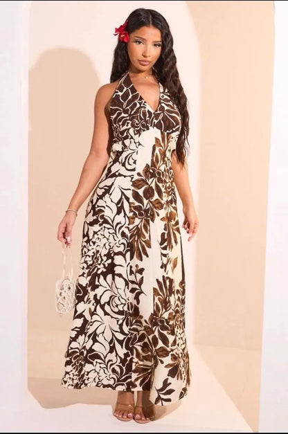 Robe dos nu marron à motifs floraux beige