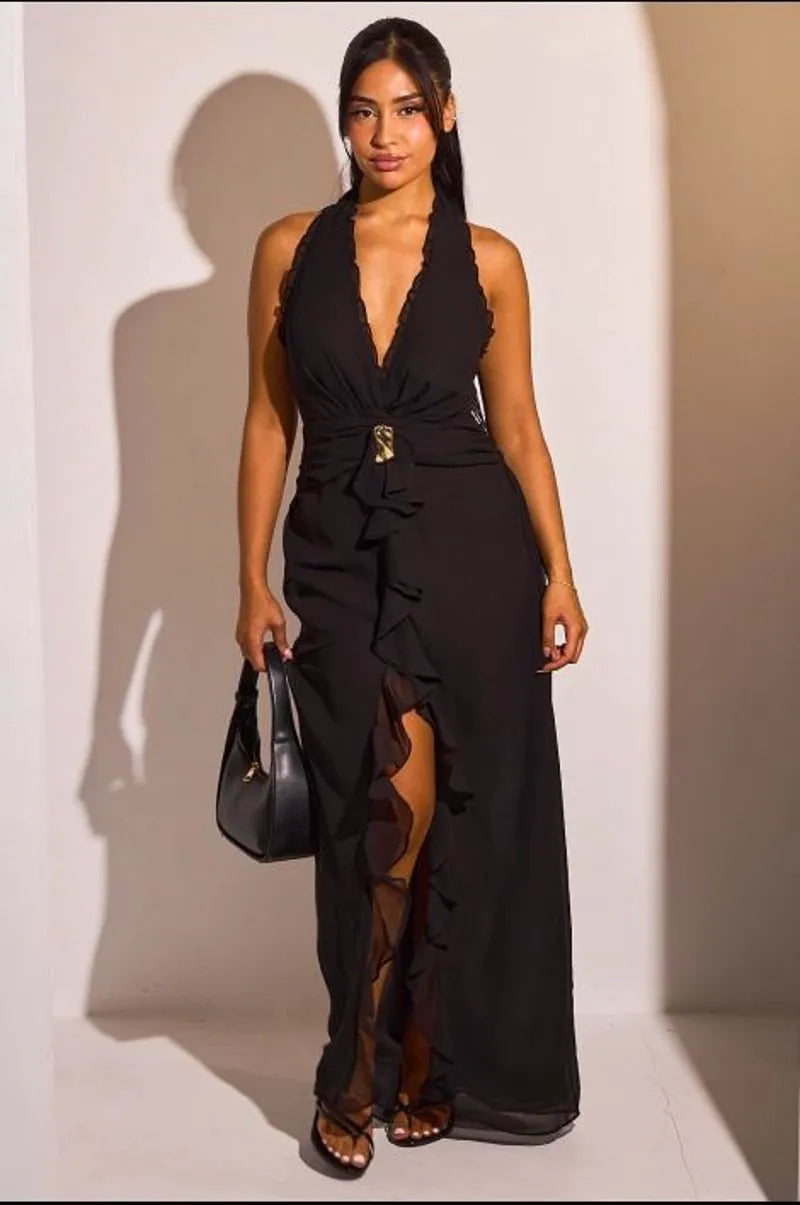 Robe dos nu noire à volants et effet voile transparent