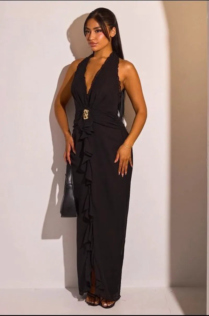 Robe dos nu noire à volants et effet voile transparent