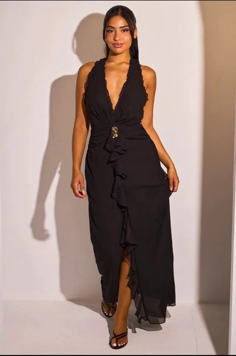 Robe dos nu noire à volants et effet voile transparent