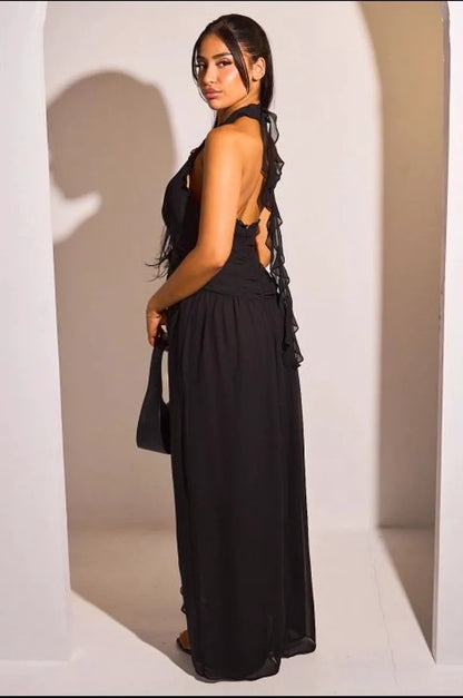 Robe dos nu noire à volants et effet voile transparent