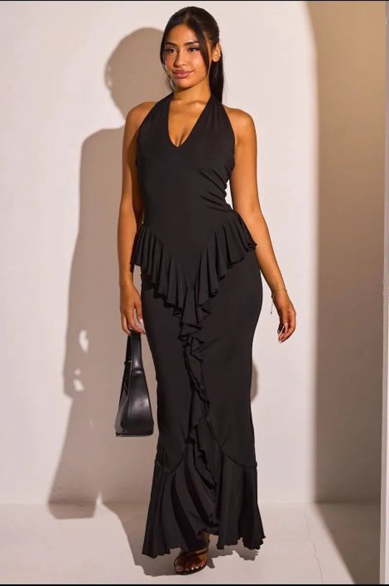 Robe dos nu noire cintrée à volants