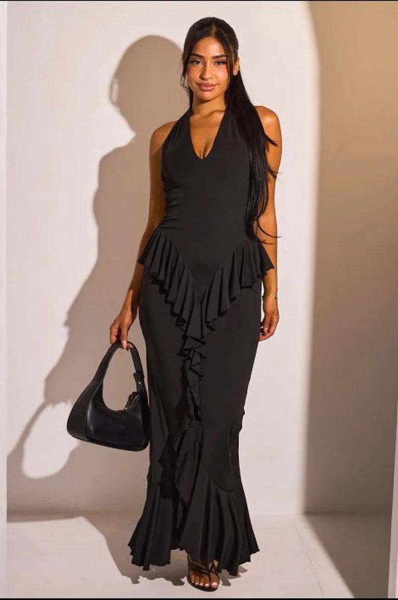 Robe dos nu noire cintrée à volants