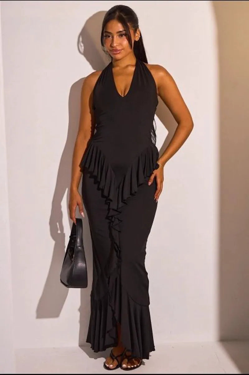 Robe dos nu noire cintrée à volants