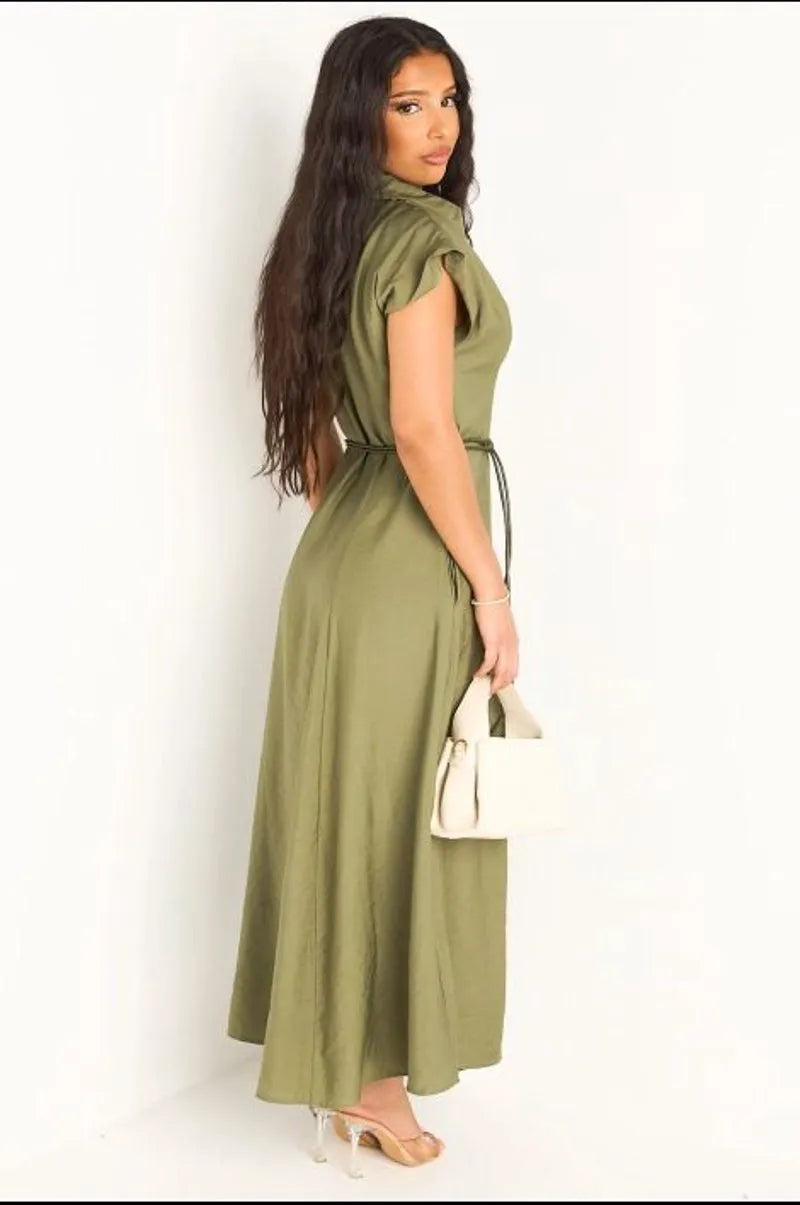 Robe kaki à coupe droite ceinturée