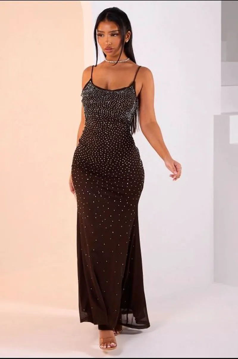 Robe longue à bretelles et strass marron