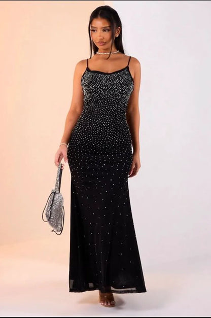 Robe longue à bretelles et strass noire