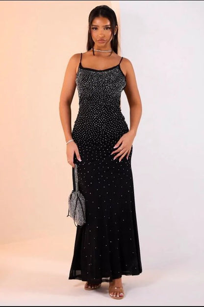 Robe longue à bretelles et strass noire