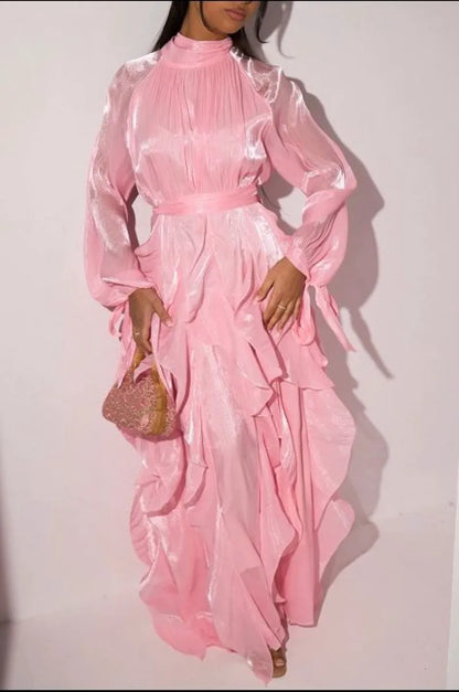 Robe longue à volants rose clair à manches longues