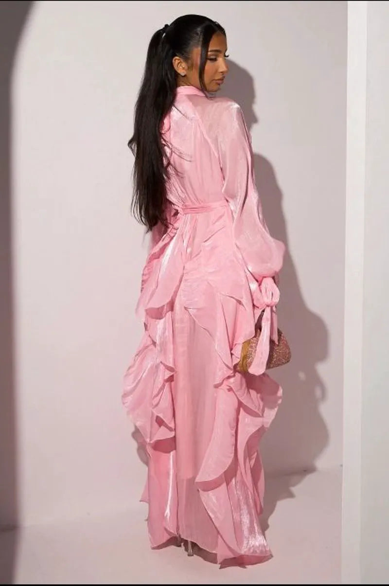 Robe longue à volants rose clair à manches longues