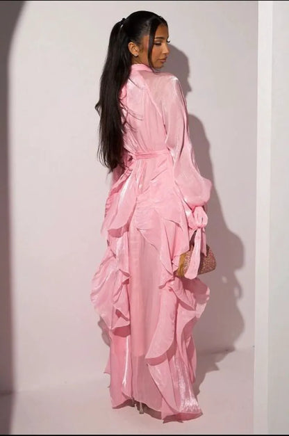 Robe longue à volants rose clair à manches longues