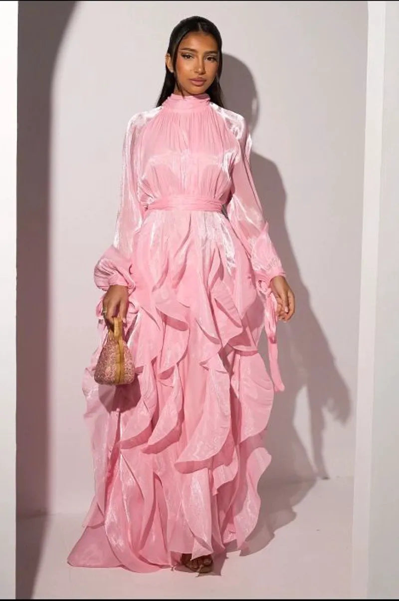 Robe longue à volants rose clair à manches longues