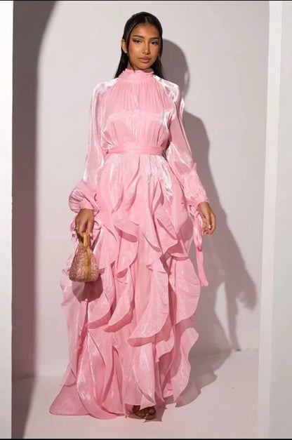 Robe longue à volants rose clair à manches longues