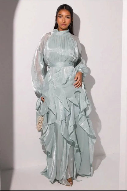 Robe longue à volants vert d'eau à manches longues