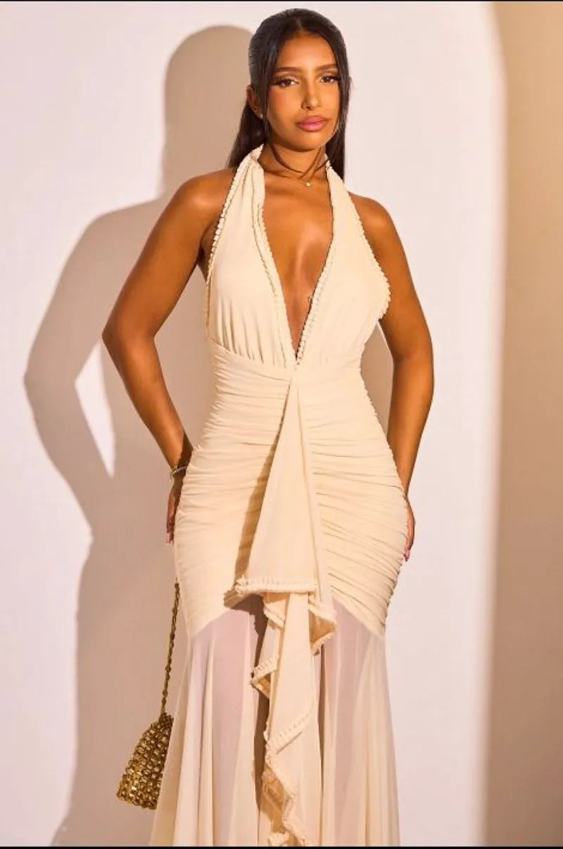 Robe longue beige à empiècement et effet drapé