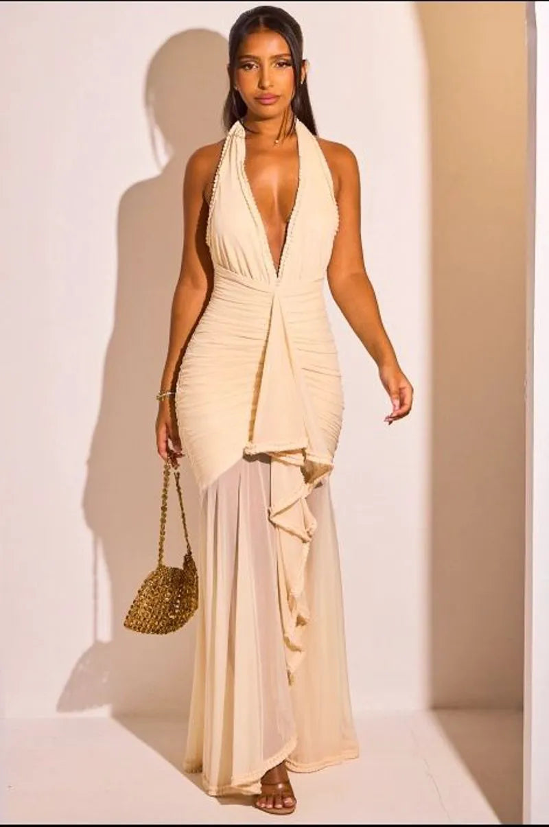 Robe longue beige à empiècement et effet drapé