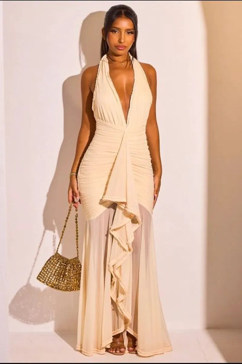 Robe longue beige à empiècement et effet drapé