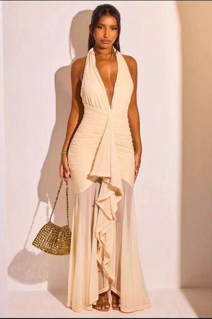 Robe longue beige à empiècement et effet drapé