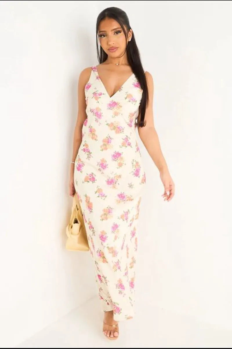 Robe longue jaune clair à motifs floraux