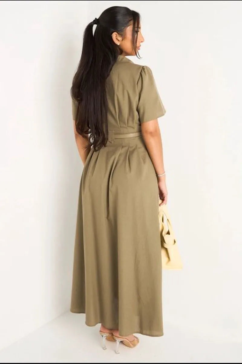 Robe longue kaki cintrée à col rabats et manches courtes