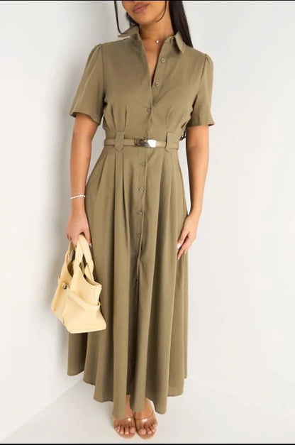 Robe longue kaki cintrée à col rabats et manches courtes