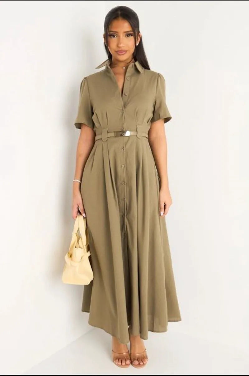 Robe longue kaki cintrée à col rabats et manches courtes