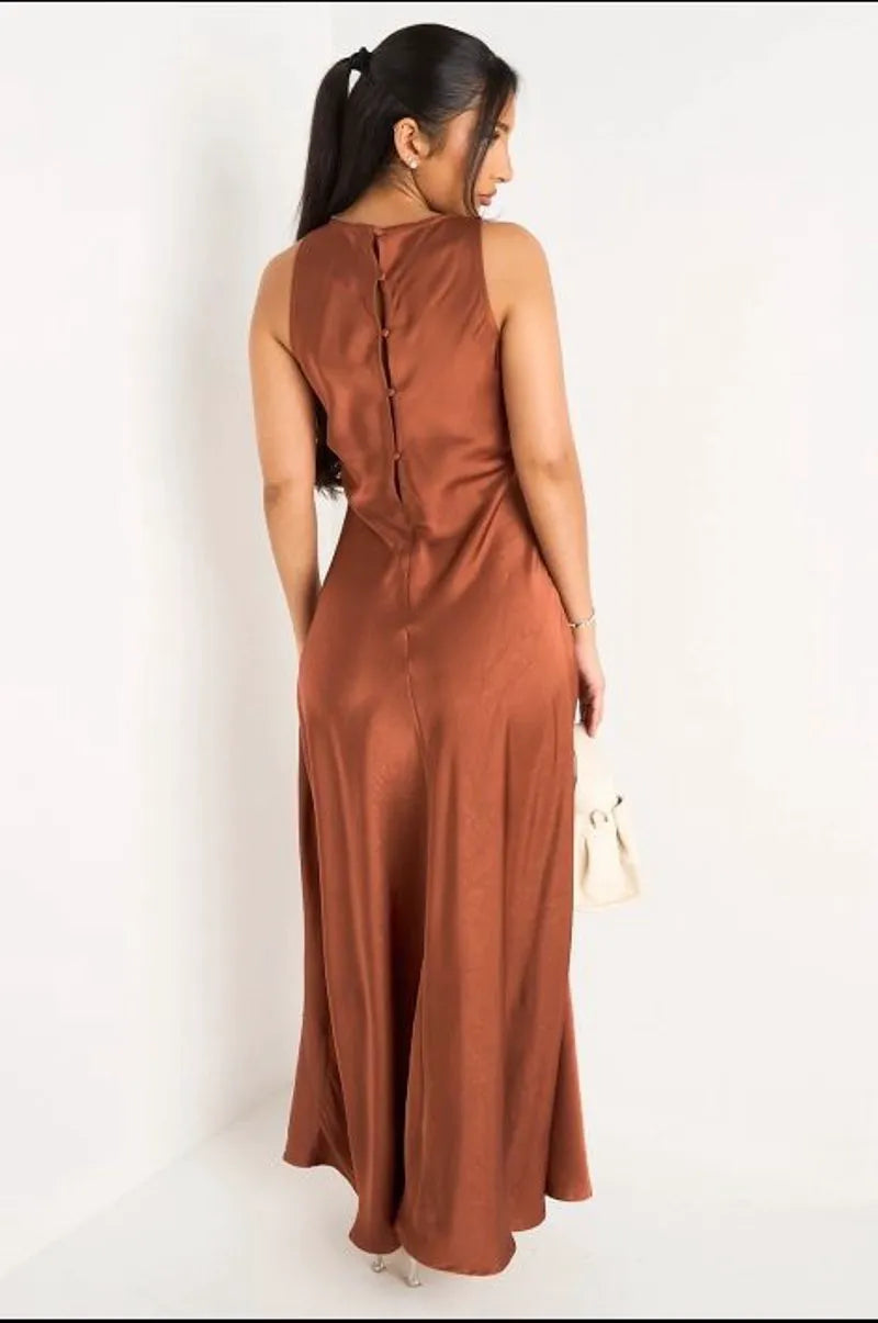 Robe longue sans manches effet satiné couleur rouille